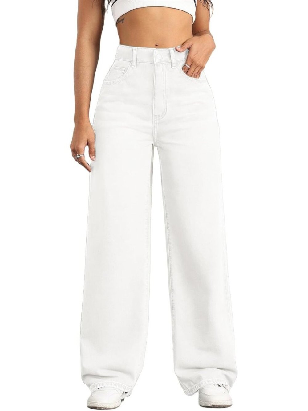 〽️Women's White High Rise Wide Leg Jeans Baggy Boyfriend Relaxed Stretch
